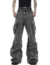 Y2K Unisex Grey Cargo Pants Baggy Jeans Vintage Streetwear Wide Leg Stone Washed Denim Pants